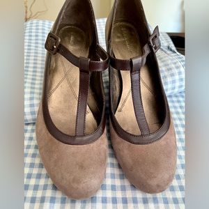 T-strap vegan suede and leather kitten heels